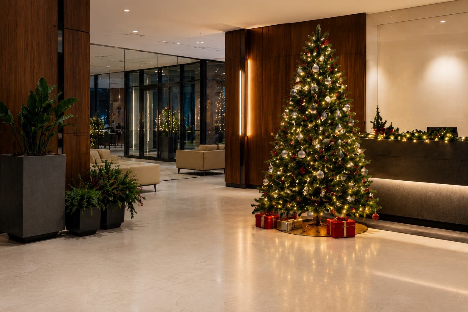 A commercial building lit with professional holiday lighting