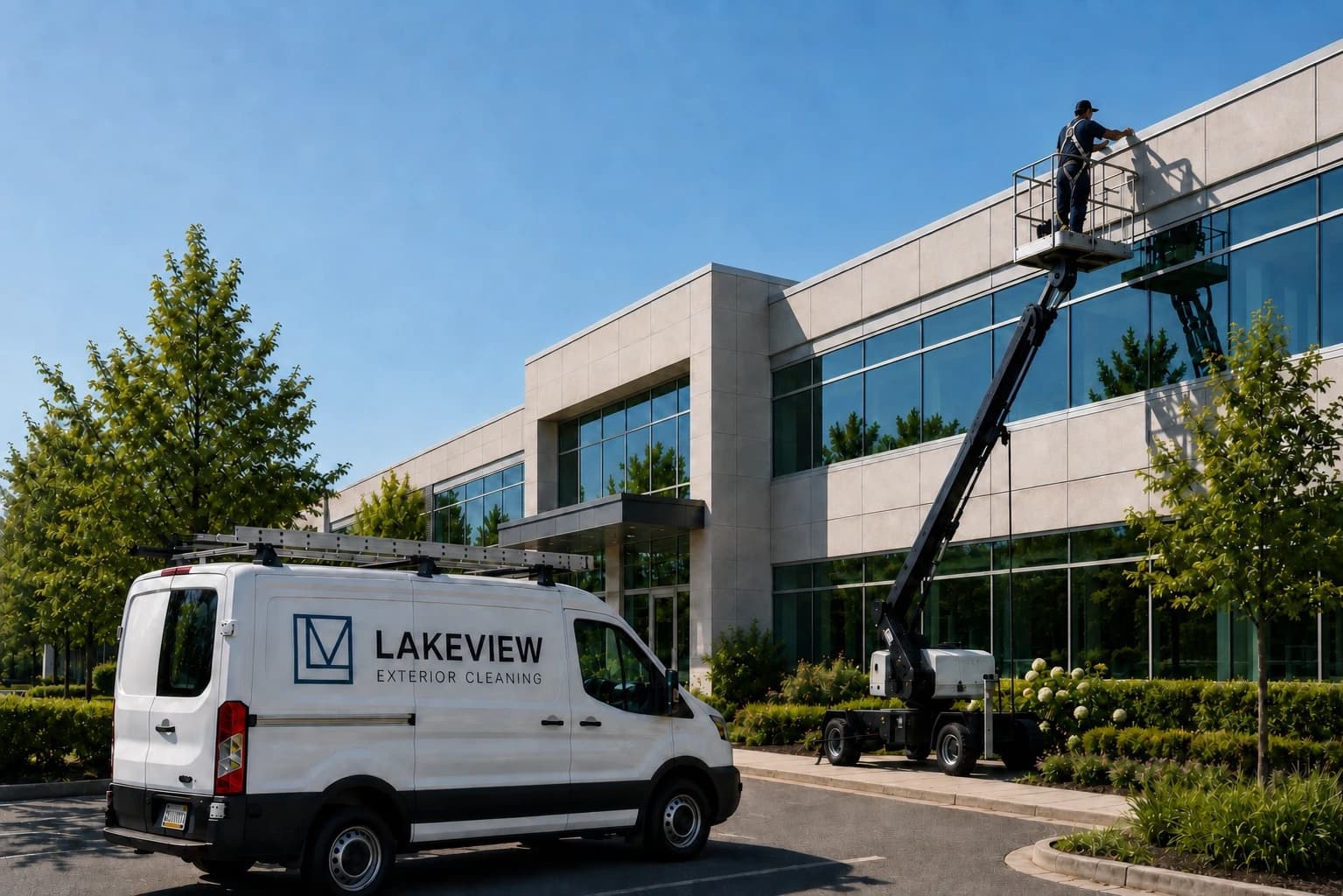 A harnessed technician clearing a commercial roofline gutter from a boom lift