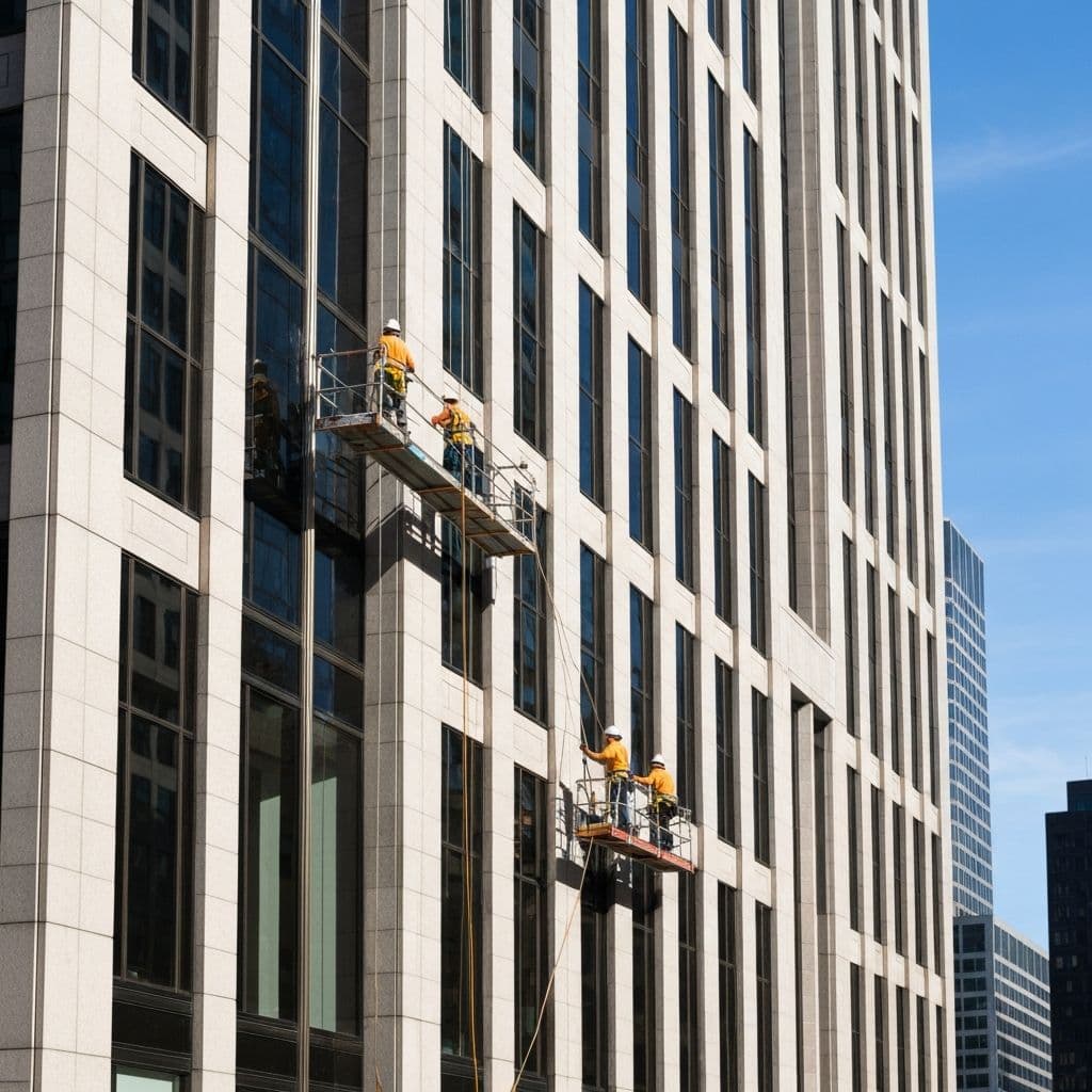 Pressure washing on a commercial building exterior