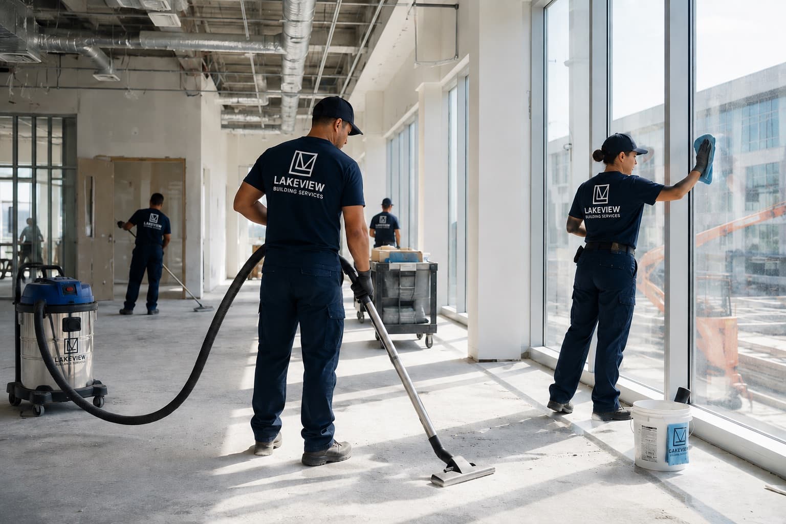 Lakeview crew cleaning an office interior after construction