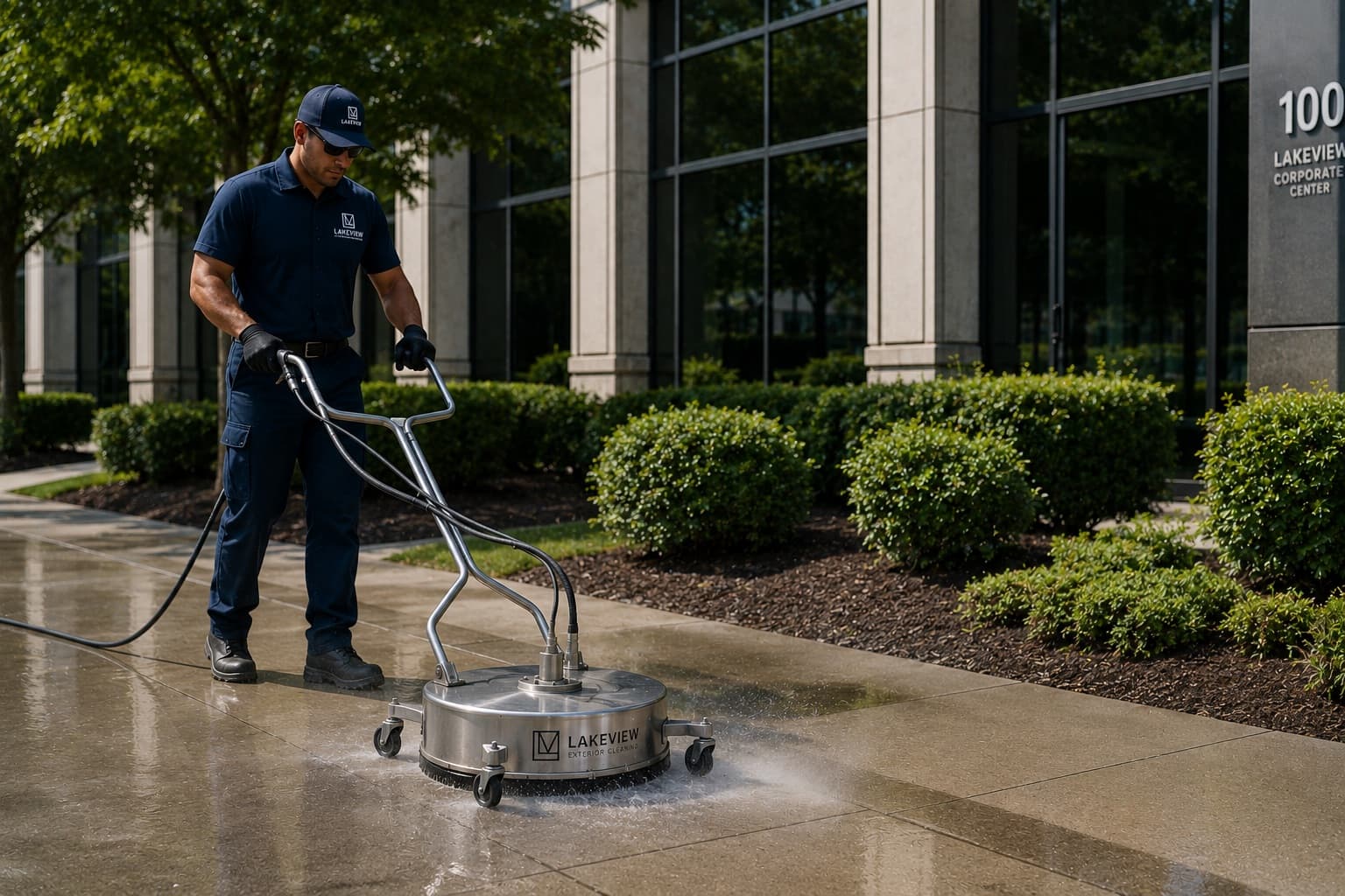 Lakeview technician running a surface cleaner on a commercial walkway