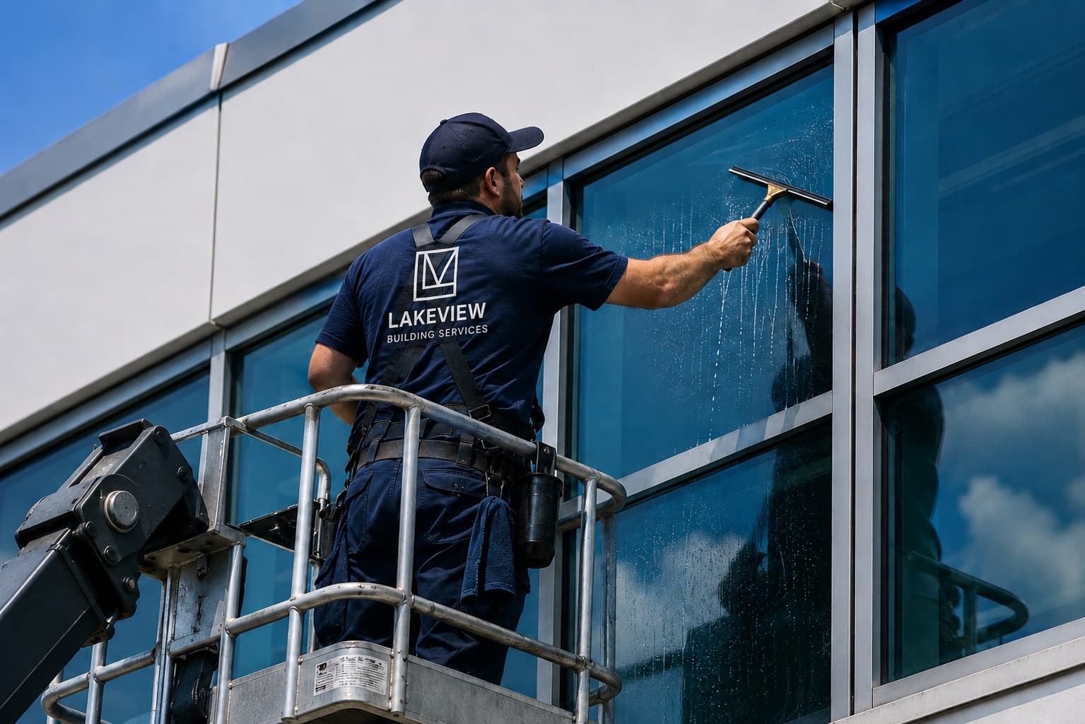Lakeview technician squeegeeing exterior glass from a lift